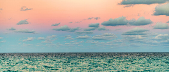 Cloudy sky and seascape at summer vacation. Skyscape with sea horizon. Calm horizon with sea...
