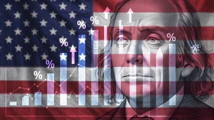 American Flag with Financial Graph and Benjamin Franklin Portrait US dollar hundred dollar bill
