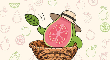 Fototapeta premium Adorable Guava Character In Straw Hat Sitting In Basket Surrounded By Fruit Outlines