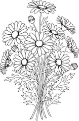 Black and White Daisy Flower Bouquet Line Art Illustration flowers floral
