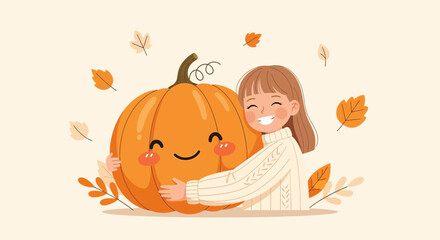 Adorable Illustration Of A Young Girl Embracing A Smiling Pumpkin During Autumn Season