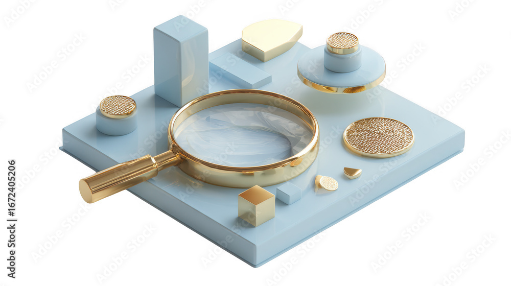 Aufkleber 3d rendered abstract composition with cylindrical objects and a magnifying glass with a marble base