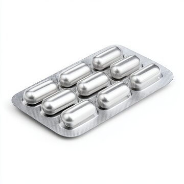 A close-up shot of a blister pack filled with medication capsules. The metallic packaging reflects the light, showcasing each individual pill