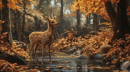 Autumn fawn by a stream in a misty forest