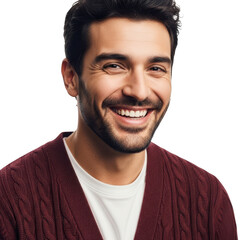 Obraz premium Happy smiling man wearing burgundy cardigan and white t-shirt close up portrait transparent background