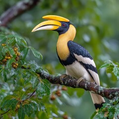 A beautiful great hornbill bird perched gracefully on a tree branch with a large beak. The bird is striking with its vibrant colors