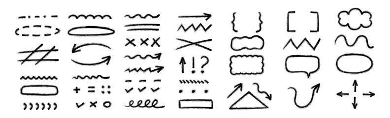 Set of chalk scribble doodle arrows and line elements. Crayon-style arrows, underlines, and check marks in a rough, hand-drawn sketch with brush grunge texture. Vector kids’ pencil-style illustration.