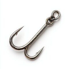 A close-up shot of a double fish hook. The metallic hook is against a bright backdrop