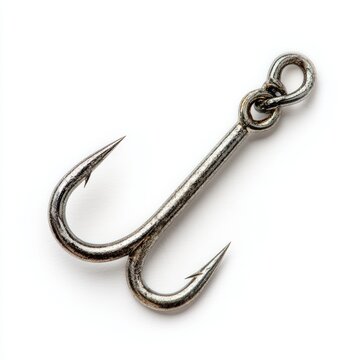 A close-up shot of a double fish hook. The metallic hook is against a bright backdrop