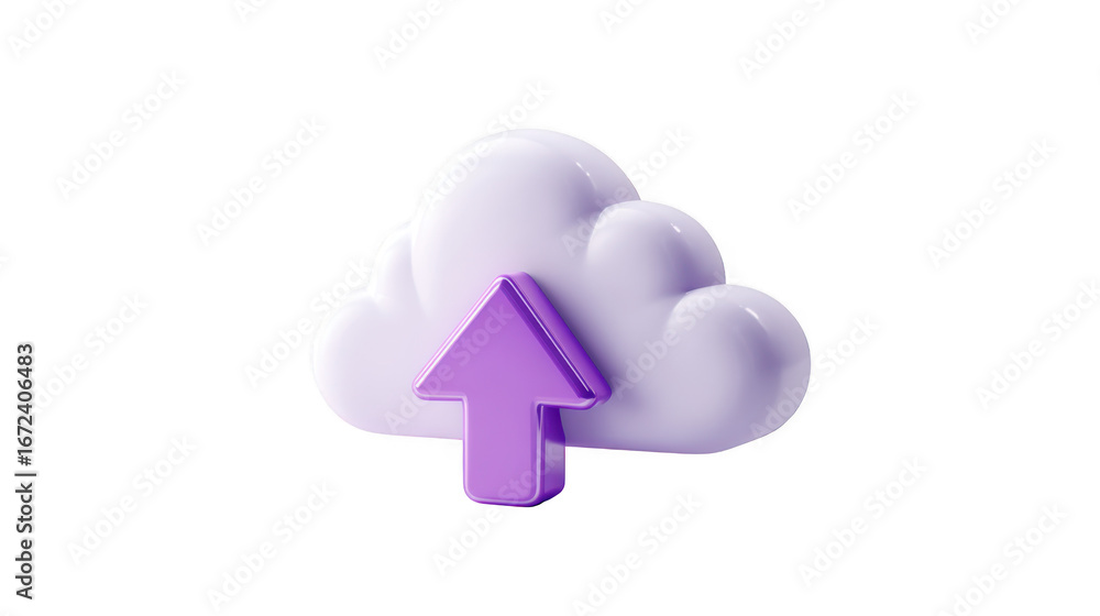 Poster 3d render stylized cloud icon with upward purple arrow for cloud storage and upload operations