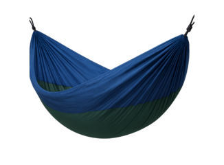 Comfortable blue and green portable camping hammock isolated on a transparent background