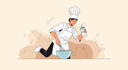 Animated Chef Joyfully Prepares Delicious Food Dishes With Baking Tools Imagery