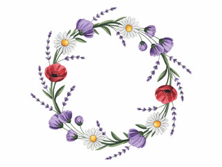Floral Wreath Watercolor Illustration with Daisies Lavender Poppies and Purple Flowers Isolated on White Background for Spring Wedding Invitations and Cards
