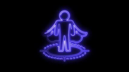 Glowing Neon Human Figure Icon with Cape and Circular Platform Isolated on Black Background - Powered by Adobe