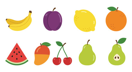 A colorful illustration of various fresh fruits on a white background
