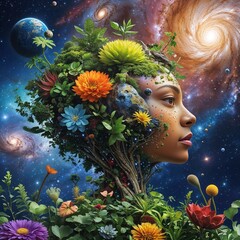 Fantasy landscape with woman art design planet space universe harmony flora fauna sky nature people atmosphere sun light colorful pattern blue yellow brown red violet green background close up