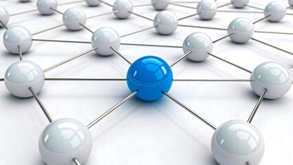 3d network connection with blue central sphere and white nodes linked by lines symbolizing communication and teamwork
