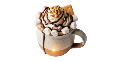 Indulgent hot chocolate delight topped with whipped cream marshmallows and drizzle