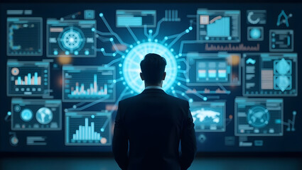 Businessman analyzing futuristic digital data dashboard with graphs, charts, and analytics on multiple screens. Concept of artificial intelligence, big data, business strategy, and technology.