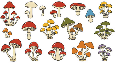 A collection of various colorful mushroom illustrations on white background