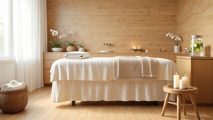 Serene spa treatment room with massage table and calming decor