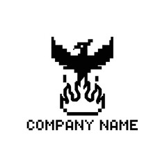 Pixelated Phoenix Rising from Flames Logo Design.