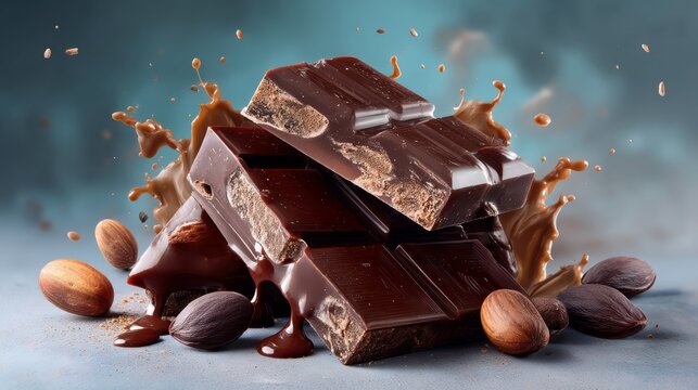 Dark chocolate bars stacked on a surface, surrounded by almonds and splashes of melted chocolate, creating a rich and indulgent atmosphere, perfect for dessert lovers and culinary enthusiasts
