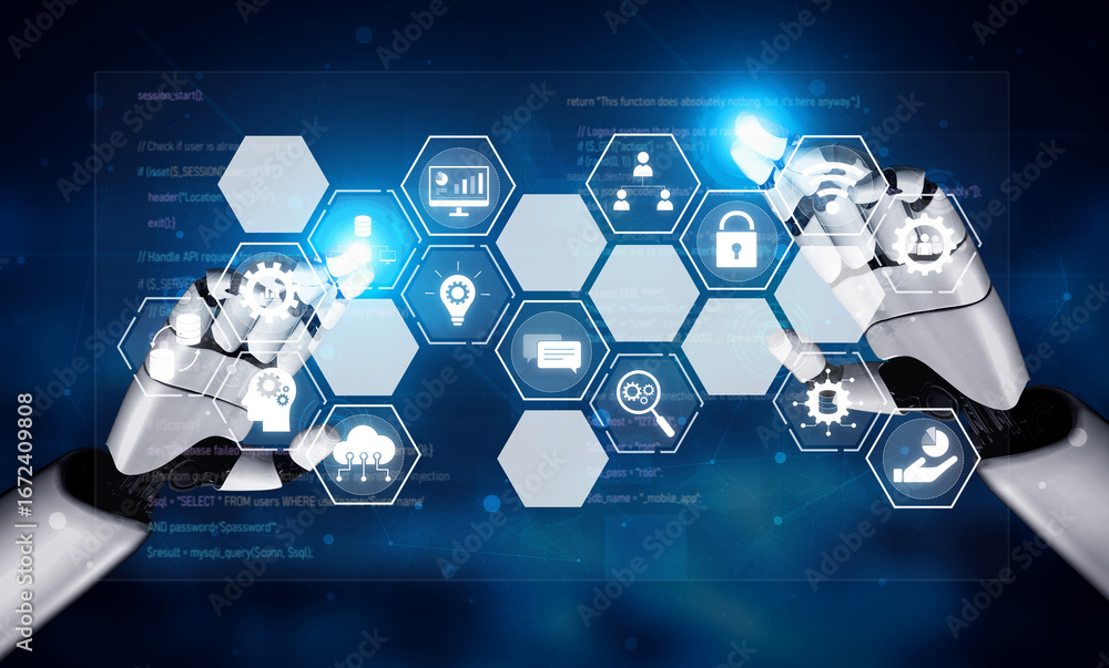 Poster ai managing integrated business system, analyzing data, securing digital infrastructure, connecting 