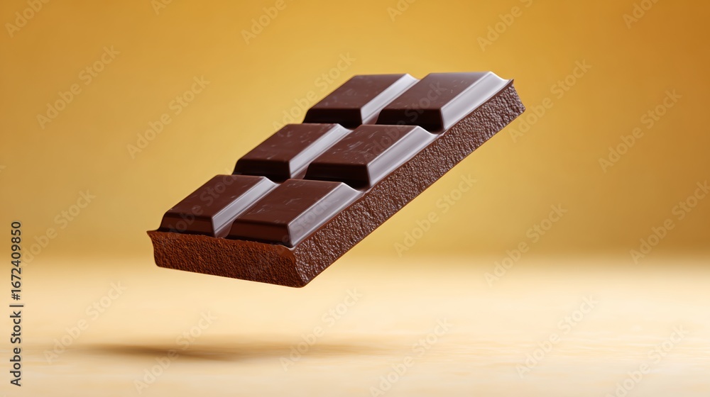 Poster floating chocolate bar with rich texture and glossy surface, suspended against a warm gradient backg