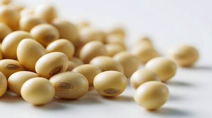 Close-up raw soybeans scattered on white background.