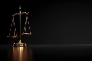 A golden balance scale centered against a dark backdrop gleaming under the light