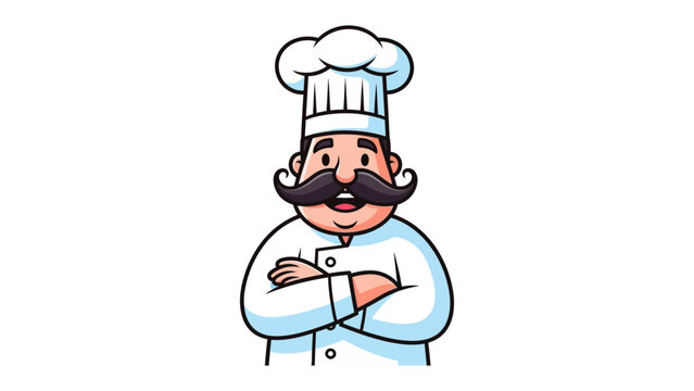 The Smiling Chef: A cheerful cartoon depiction of a seasoned chef in traditional attire, epitomizing culinary expertise and passion.