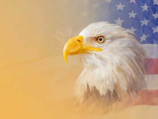 Bald eagle with American flag, right-aligned subject and left copy space
