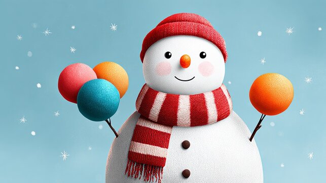 Cheerful snowman character wearing a red hat and striped scarf, holding colorful balloons in each hand, set against a light blue winter background with falling snowflakes, embodying holiday joy and fe - Powered by Adobe