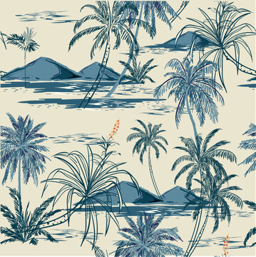 Beautiful tropical vector seamless pattern background with coconut palm trees, silhouettes, hibiscus. Isolated on blue background. The Summer beach surfing illustration

