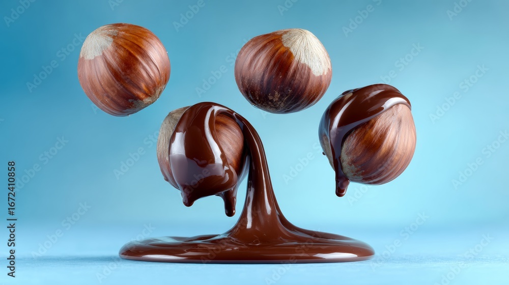 Poster hazelnuts suspended in mid-air above a smooth, flowing chocolate puddle, creating a visually appeali