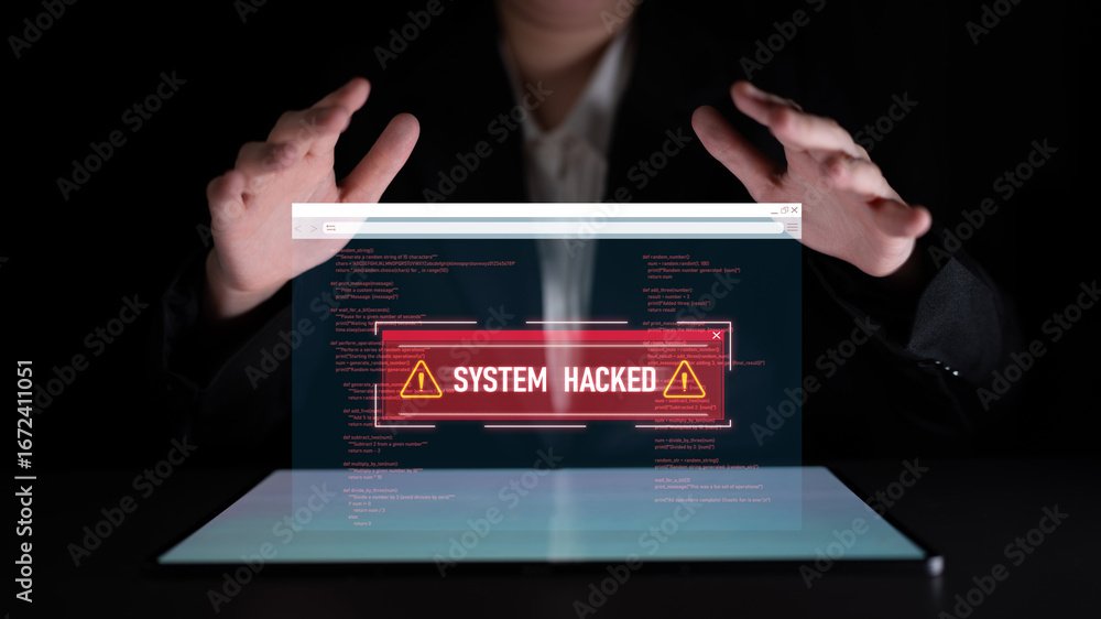 Poster cybersecurity protects digital systems from hackers with it security, attack prevention, and risk ma