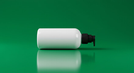 Minimalist white bottle with pump dispenser for beauty product mockup on vibrant green surface offers clean, modern appeal for skincare brands