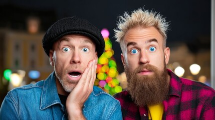 Two surprised men with distinct hairstyles and expressions, one with a beard and the other with a cap, are reacting to a surprising event in a festive setting with colorful lights in the background
