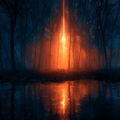 Naklejka premium Mystical scene of an otherworldly light pillar illuminating a dark forest and a lake 