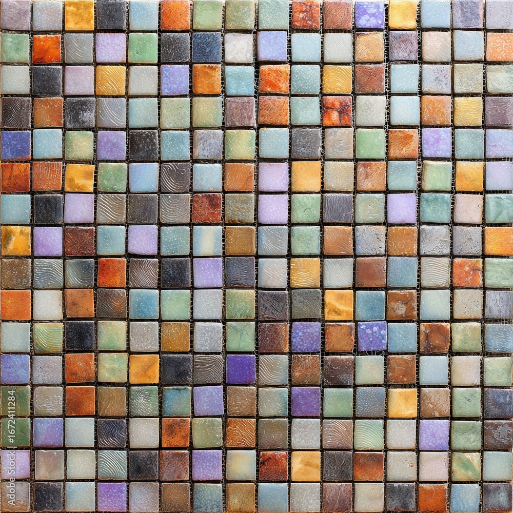 Poster a square tile mosaic showcasing an arrangement of colorful tiles. it's a visual representation of de