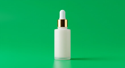 Elegant essential oil bottle with dropper on vibrant green backdrop, perfect for beauty, wellness, or spa promotions or skincare product advertising