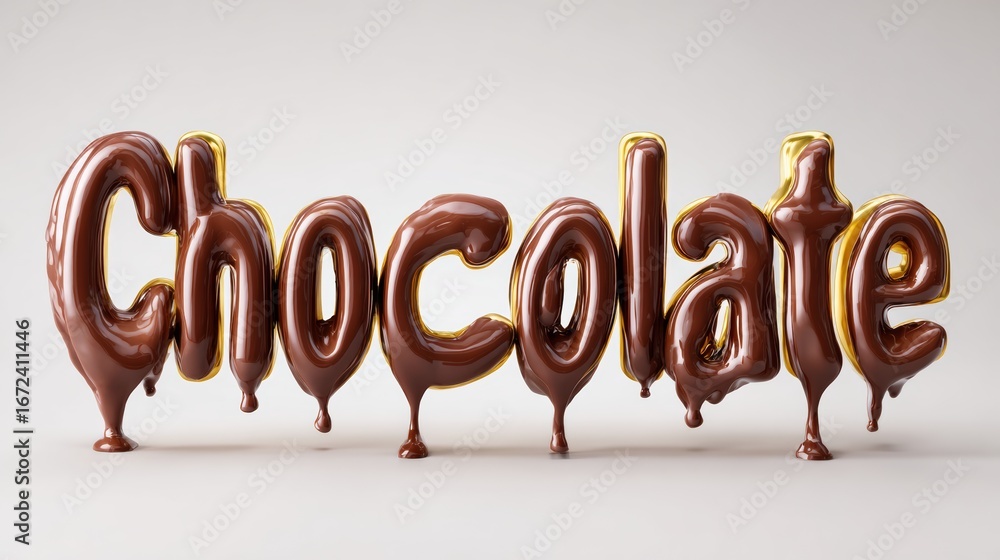 Poster chocolate text design with glossy melted appearance, featuring vibrant colors and a playful style, c