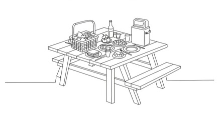 Picnic table with food and drinks in line art style.