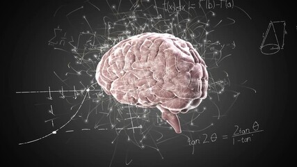 Animation of network of connections over spinning human brain icon and mathematical equations - Powered by Adobe