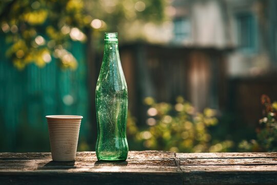 A green glass bottle and a paper cup sit on a wooden surface Bokeh blurs the background
