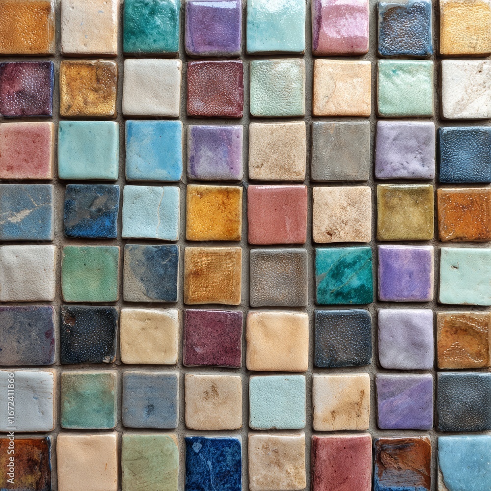 Poster a vibrant and colorful mosaic of square tiles, creating a visually appealing pattern. the mosaic fea