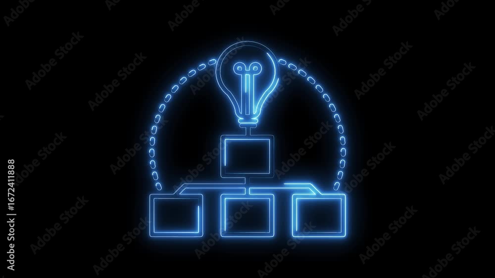 Poster glowing neon idea flowchart lightbulb network structure concept isolated black background video
