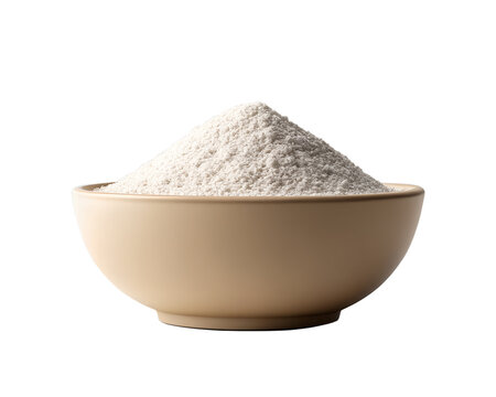 Organic white ragi flour mound in one bowl, clean minimal style.