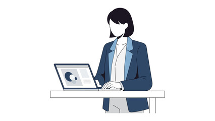 Businesswoman at Desk: An illustrated businesswoman is absorbed in work. The focused professional is making a business analysis on a laptop computer.